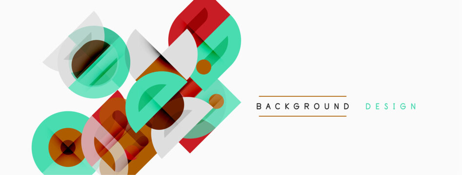 Abstract geometric shapes overlap, creating vibrant modern design. Colors include teal, red, brown, beige. Minimalist style.