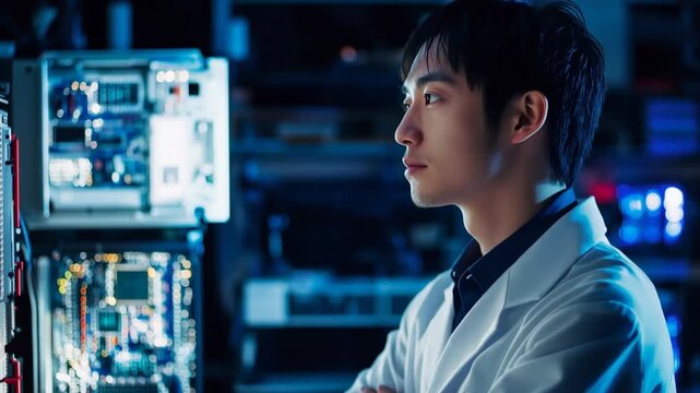 Portrait of a young asian IT professional in a white lab coat smiling and looking at the camera while working in a modern data center with blue glowing lights from the server racks