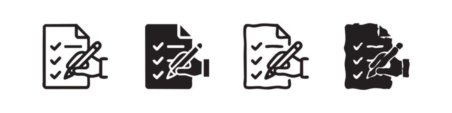 Checcklist and document signing icon set with a pen in various artistic styles for task completion or forms