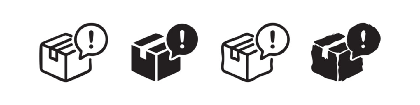 Package alert and delivery issue icon set with an exclamation mark in various artistic styles