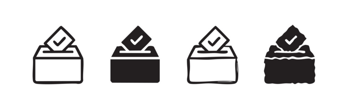Set of four ballot box icons: outline, solid, sketch, and distressed