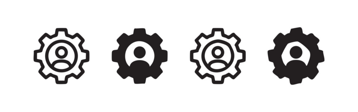 User settings and preferences icons set, person profile inside a cogwheel symbol for management.