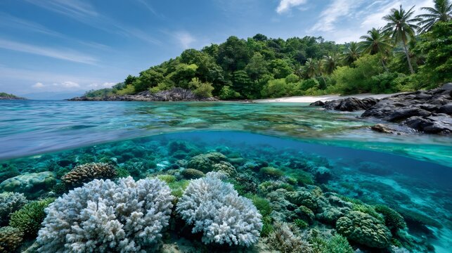 Tropical island beach with vibrant coral reef underwater