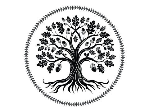 Stylized ancient oak tree with deep roots and symbolic fruits encircled by a dotted border and delicate leaf pattern black and white family tree branches strength longevity illustration
