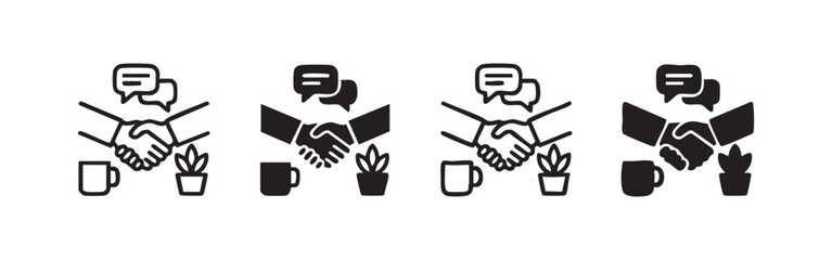 Obraz premium Business Deal and Agreement Icon Set with Handshake, Speech Bubbles, Coffee, and Plant, Symbolizing Partnership