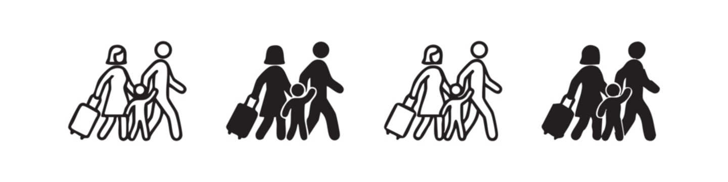Family Travel and Migration Icon Set Featuring Parents and Child with Luggage, Symbolizing Vacation and Journey