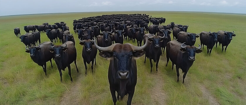 Herd of black bulls in field.
