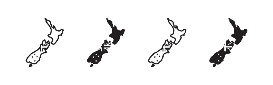 Map Outline of New Zealand with Flag Icons Set.