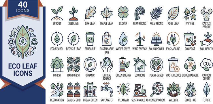 Eco-friendly leaf icon vector set for sustainability, environmental protection, green energy, organic lifestyle, and natural resource conservation graphics