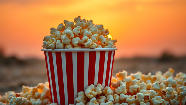 World war fresh popcorn in a striped container during a golden hour sunset in the desert