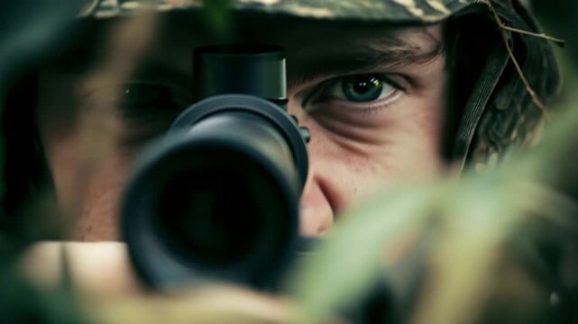 Extreme close up of a skilled sniper in camouflage uniform aiming a powerful rifle from a concealed position in the forest, his focused blue eye looking through the scope for a target
