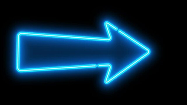 Neon blue arrow icon flickering with a bright glow against a black background. Ideal for modern UI overlays