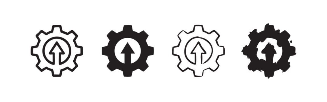 Gear with upward arrow icon set, vector symbols of system update, improvement, settings, or development.