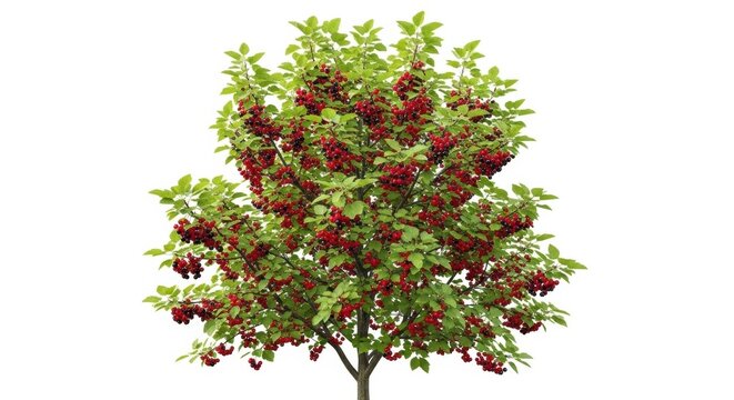 Rowan tree with red berries isolated on white background, mountain ash tree with green leaves, sorbus aucuparia plant for landscape design