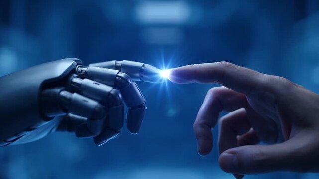 A human hand and a robotic hand connect with a glowing spark in a dark, futuristic digital art scene, symbolizing ai integration.