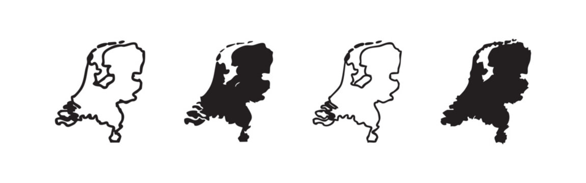 Map of Netherlands icon set in different styles, vector symbols of Dutch geography, travel, or country outline.