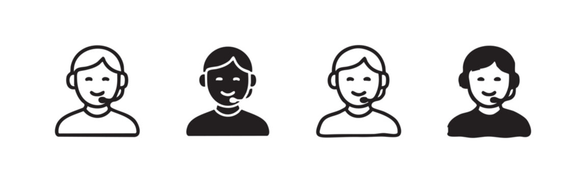 Customer service icon set. Support agent with headset. Call center and online assistance vector symbol.