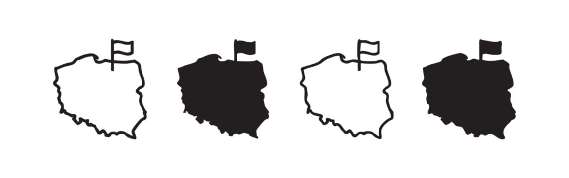Poland map with flag icon set. Outline and solid shape of the Polish country borders. Geographic vector symbol.