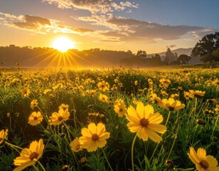 Fototapeta premium A vibrant field of yellow flowers basks in the warm glow of a setting sun, creating a picturesque and serene landscape.