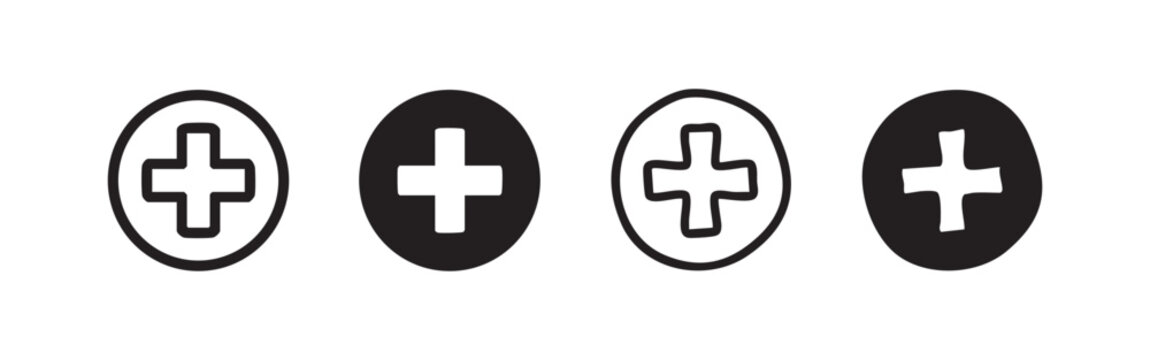 Plus sign icon set. Add, create, and positive symbol in a circle. Medical cross vector illustration.