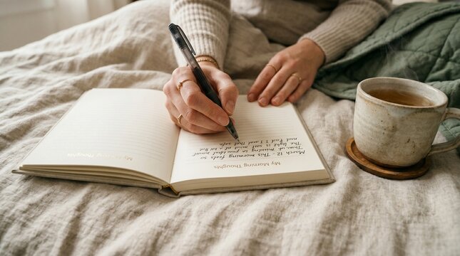 A woman's hands journaling in a notebook on a cozy bed with a steaming cup of tea in the soft morning light.