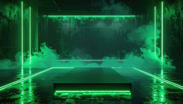 A futuristic stage illuminated with vibrant green neon lights and filled with atmospheric smoke.