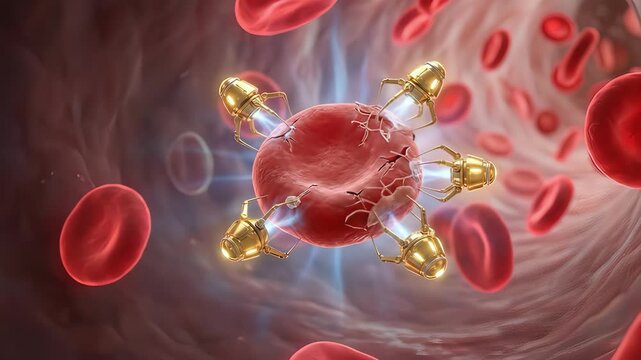 4K Medical Animation of Microscopic Nanobots Repairing Blood Cells. Nanotechnology and Future Healthcare Concept.