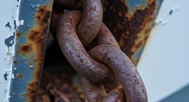Rusty chain on metal background closeup.