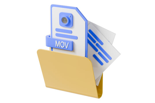 3d MOV file folder icon. video file management concept. minimal cartoon folder camera label for media library and cloud storage. isolated on white transparent background. 3d render.