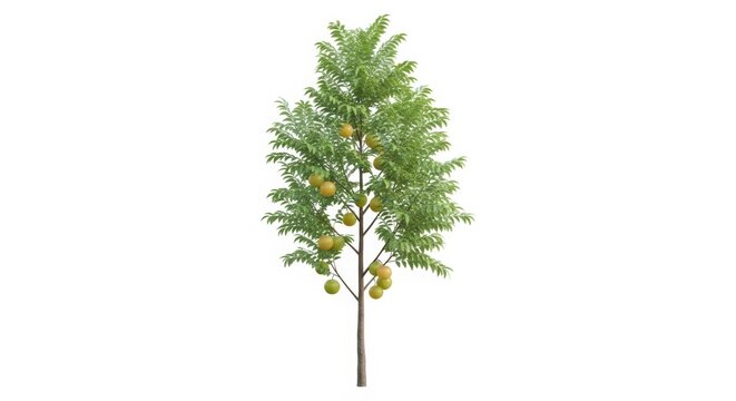 Pomelo tree with ripe yellow citrus fruits, tropical fruit tree isolated on white background, organic garden plant with green leaves and harvest