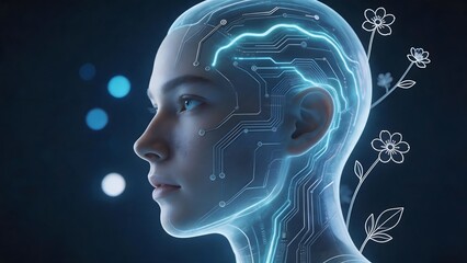 Obraz premium Human head with circuit design and flowers