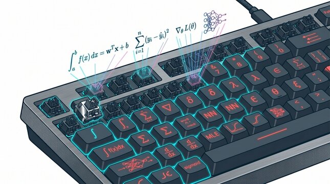 Futuristic mechanical keyboard illustration, glowing blue keys with mathematical formulas, AI and data science concept, modern technology and computing design