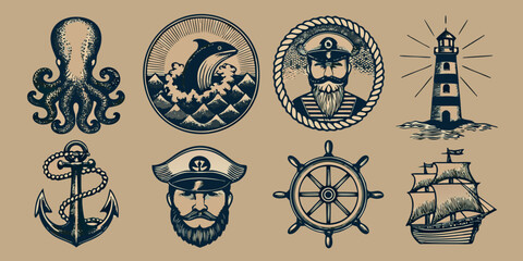 nautical illustrations collection with octopus whale lighthouse and ship © Juran