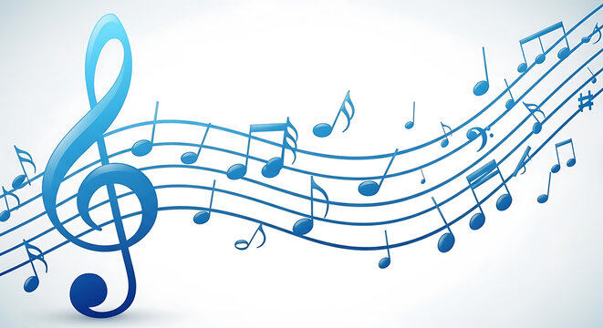 Abstract glossy blue musical notes waving on a white background