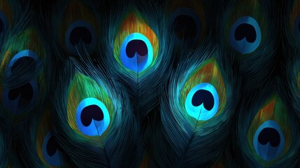 Obraz premium Lush, colorful peacock feathers with iridescent eyes, arranged in a close, textural display