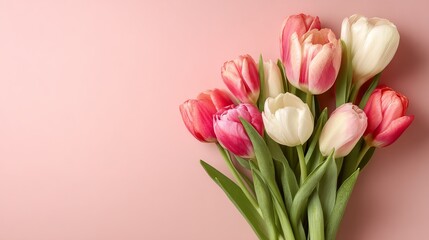 Obraz premium Bi-color tulip bouquet on pink white gradient background, copy space