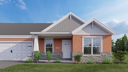 Fototapeta premium Architectural 3D render of a modern suburban home exterior with red brick and grey stone siding
