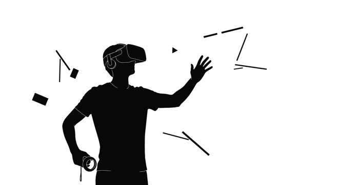 Young man wearing a virtual reality headset while interacting with floating digital elements in space