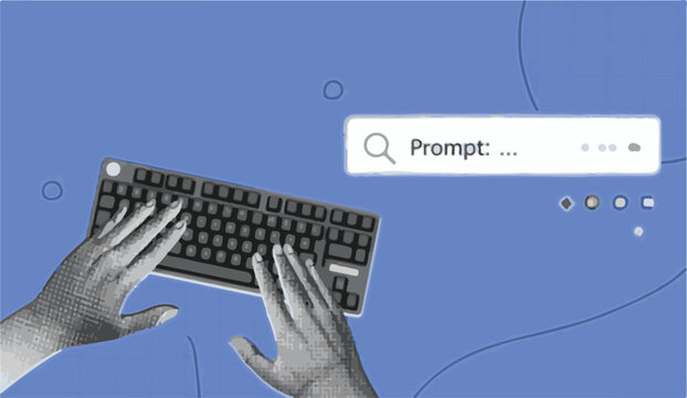 Hands typing on a keyboard with a search bar prompt