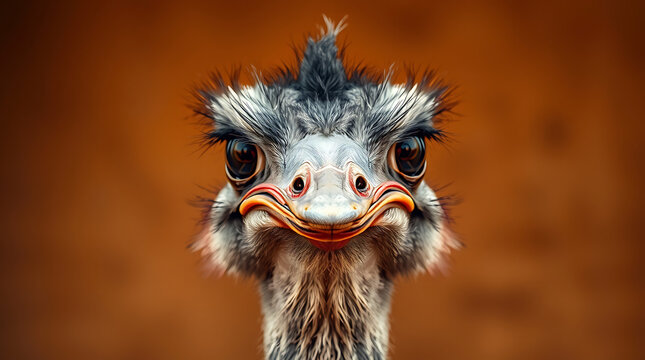 World war closeup portrait of an emu with intense gaze and detailed feathers against a brown background