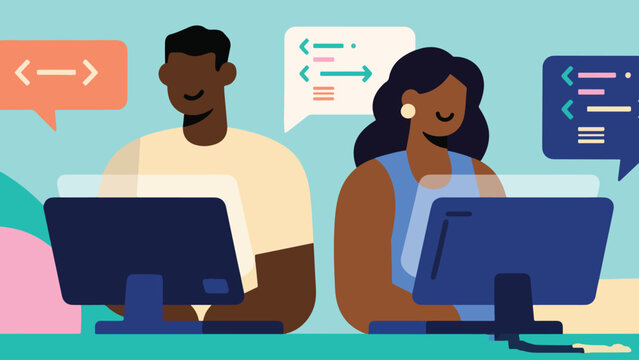 Illustration Of A Black Man And Woman Working As Programmers And Coding On A Computer Vector Design Template