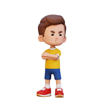 3D Kid Boy pouting lips childish sulking and emotional reaction concept.