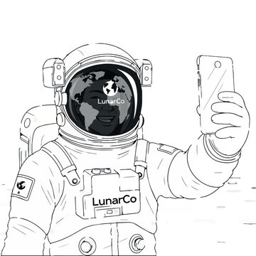 Astronaut in spacesuit taking selfie on moon surface with LunarCo logo reflected in helmet visor vector illustration