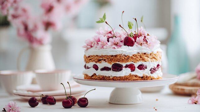Cherries and cream icebox cake styled in a bright airy kitchen setting with pastel tones dominating, fresh spring atmosphere