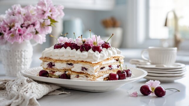 Cherries and cream icebox cake styled in a bright airy kitchen setting with pastel tones dominating, fresh spring atmosphere
