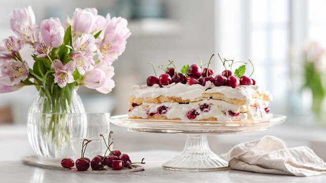Cherries and cream icebox cake styled in a bright airy kitchen setting with pastel tones dominating, fresh spring atmosphere