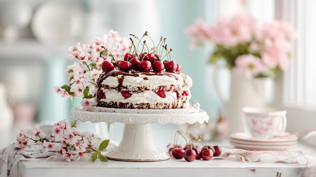 Cherries and cream icebox cake styled in a bright airy kitchen setting with pastel tones dominating, fresh spring atmosphere