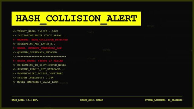 Futuristic Hash Collision Alert HUD with Yellow Digital Warning Text and Cybersecurity Blockchain Hacking Attack Emergency Monitoring Interface.