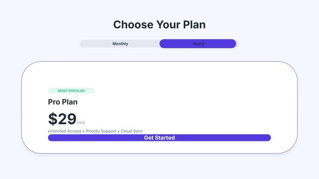 Choose Your Plan: Pro Plan with Pricing and Get Started Button.