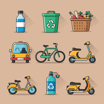 Eco friendly transportation and recycling icons with bicycle, electric scooter, green bin, reusable bottle, and food basket vector set